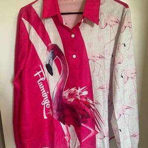 Flamingo Print Button-Up Shirt